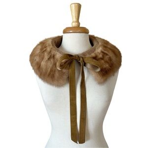 Vintage Mink Fur Collar to Wear on Coat or Sweater w/ Vintage Velvet Ribbon Ties
